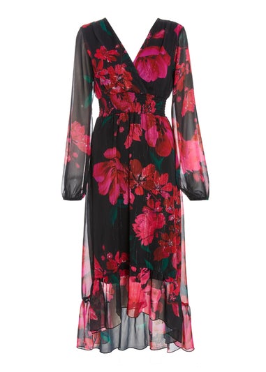 Quiz Black Floral Chiffon Dip Hem Dress