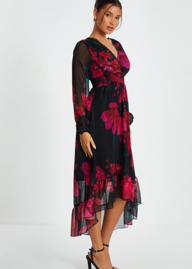 Quiz Black Floral Chiffon Dip Hem Dress