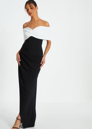 Quiz Black Contrast Bardot Ruched Maxi Dress