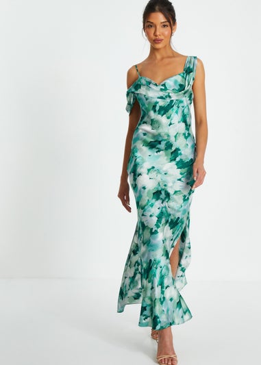 Quiz Blue Floral Satin Asymmetric Midaxi Dress