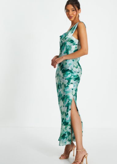 Quiz Blue Floral Satin Asymmetric Midaxi Dress