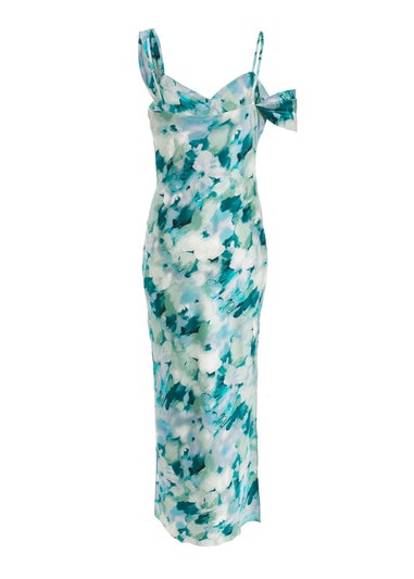 Quiz Blue Floral Satin Asymmetric Midaxi Dress