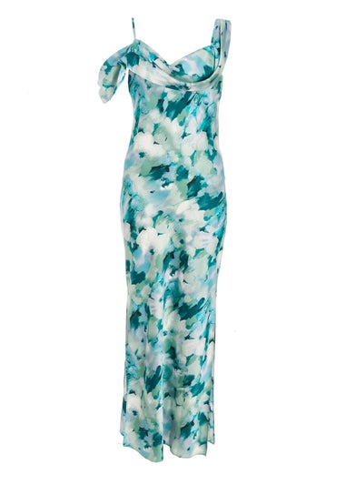 Quiz Blue Floral Satin Asymmetric Midaxi Dress