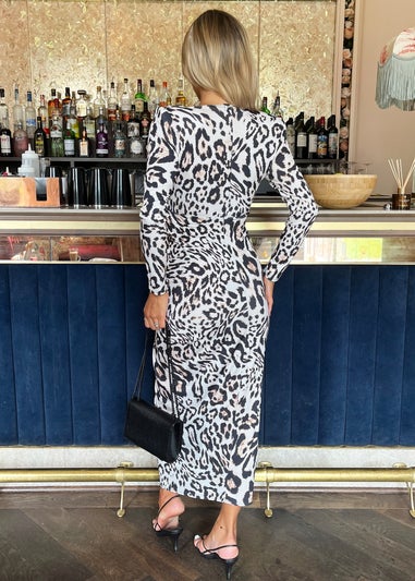 AX Paris Cream Leopard Print Long Sleeve V Neck Knot Drape Midi Dress