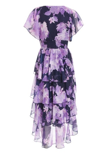 Quiz Navy Petite Floral Dip Hem Tiered Midi Dress