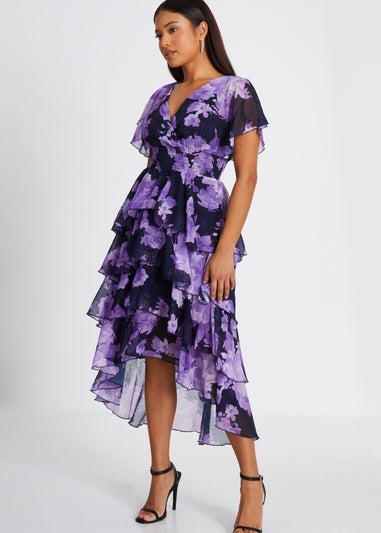 Quiz Navy Petite Floral Dip Hem Tiered Midi Dress