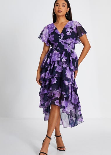 Quiz Navy Petite Floral Dip Hem Tiered Midi Dress