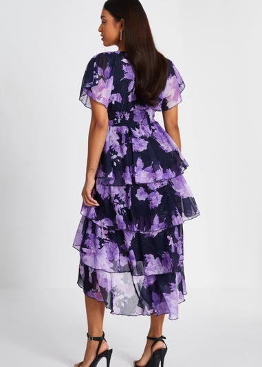 Quiz Navy Petite Floral Dip Hem Tiered Midi Dress