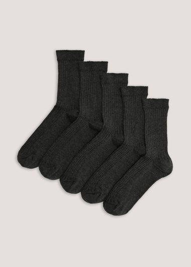 5 Pack Kids Grey Ribbed Socks (Younger 9-Older 6.5)