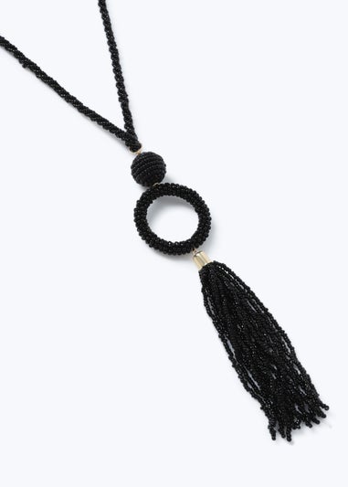 Muse Black Beaded Tassel Lariat Necklace