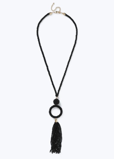 Muse Black Beaded Tassel Lariat Necklace