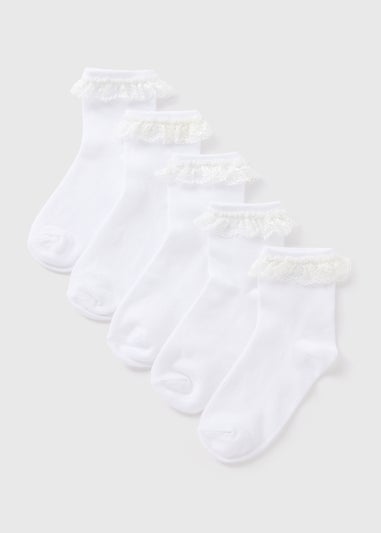 5 Pack Girls White Lace Trim Socks (Younger 6-Older 5.5)