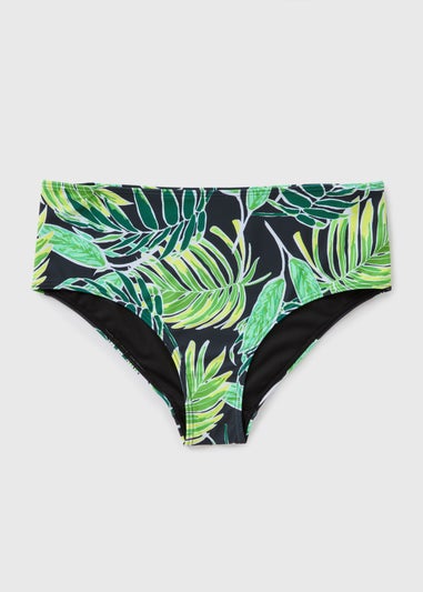 Green Tropical Leaf Print High Waisted Bikini Bottoms