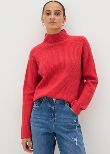 Coral Ribbed High Neck Jumper