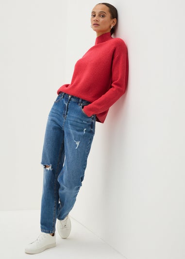 Coral Ribbed High Neck Jumper