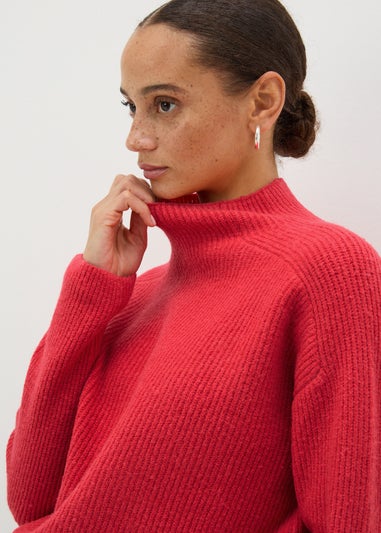 Coral Ribbed High Neck Jumper