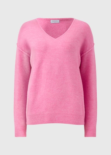 Pink V Neck Knitted Jumper