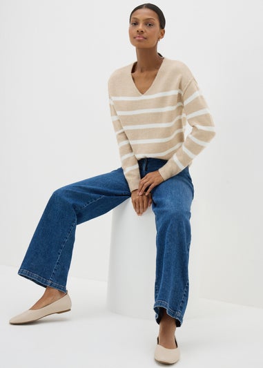 Beige Stripe V-Neck Jumper