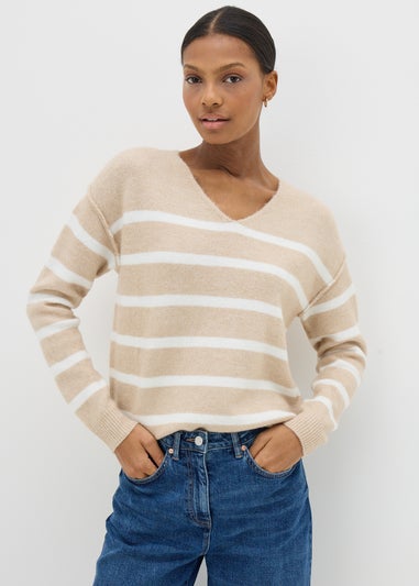 Beige Stripe V-Neck Jumper