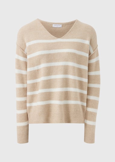 Beige Stripe V-Neck Jumper