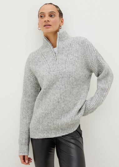 Grey Half Zip Lofty Knit Jumper