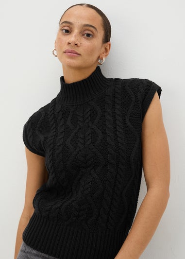 Black High Neck Cable Knit Vest