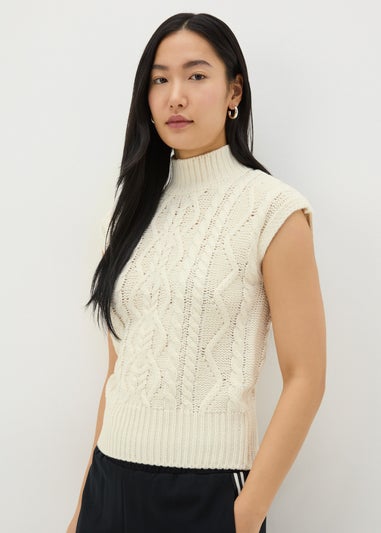 Cream High Neck Cable Knit Vest