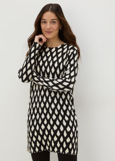 Black Mono Print Knitted Mini Dress