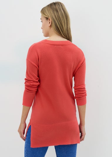 Coral V-Neck Longline Jumper