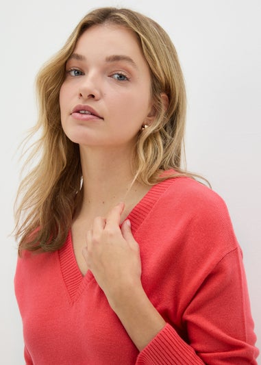 Coral V-Neck Longline Jumper