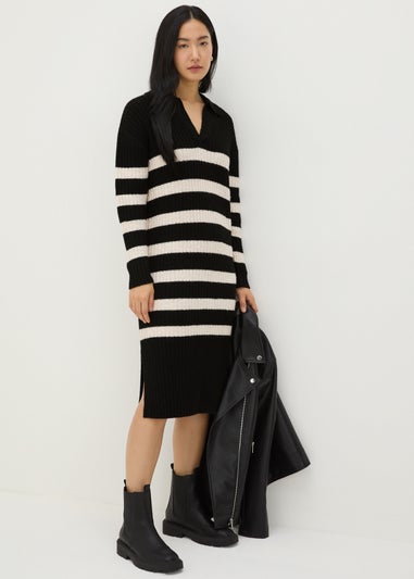 Black Open Collar Stripe Knitted Dress