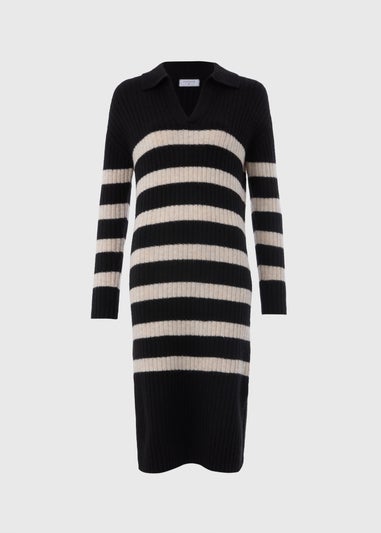 Black Open Collar Stripe Knitted Dress