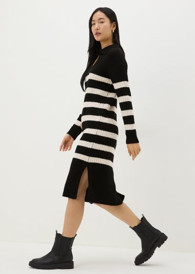 Black Open Collar Stripe Knitted Dress