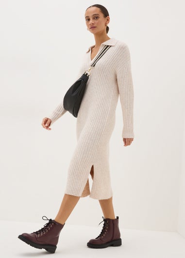 Cream Open Collar Knitted Dress