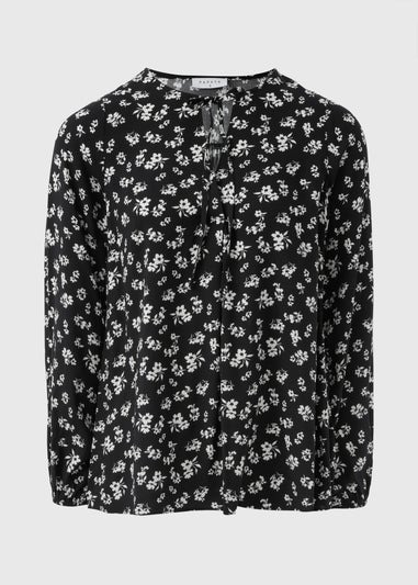 Black Floral Tie Neck Blouse