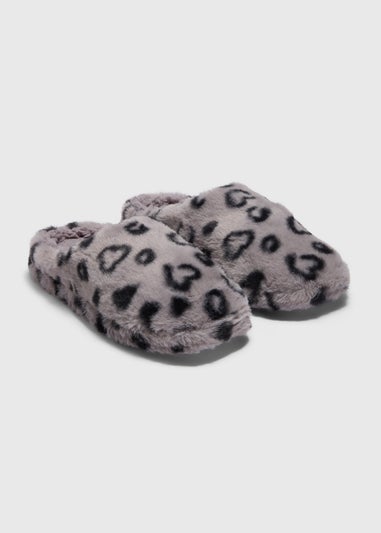 Grey Heart Animal Print Mule Slippers