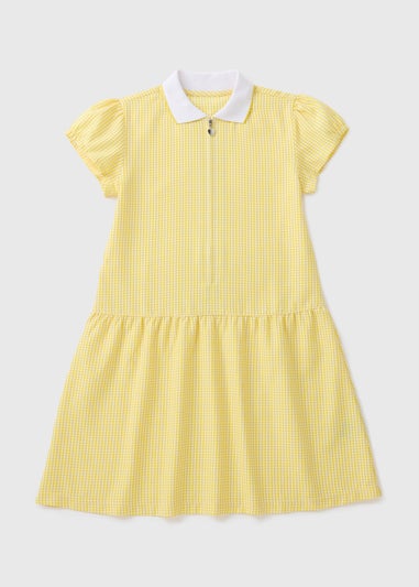 Girls Yellow Gingham Knit Collar School Dress (3-13yrs)