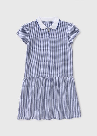 Girls Navy Gingham Knit Collar School Dress (4-12yrs)