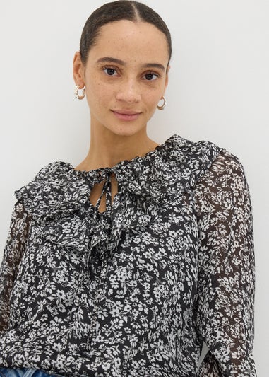 Black Floral Ruffle Tie Neck Blouse