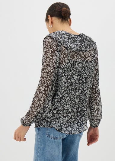 Black Floral Ruffle Tie Neck Blouse