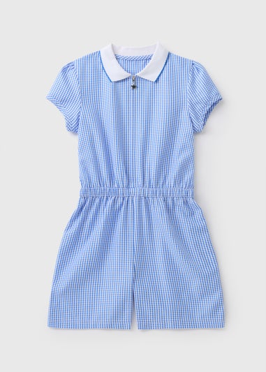 Girls Blue Gingham Knit Collar Playsuit (3-13yrs)