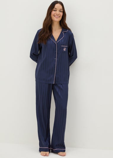 Navy Satin Stripe Pyjama Set