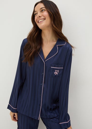 Navy Satin Stripe Pyjama Set