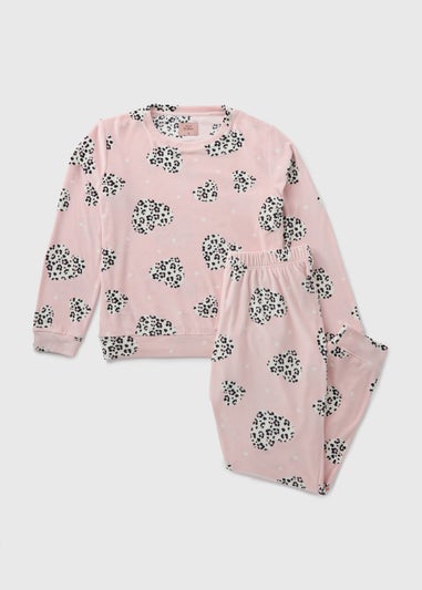 Pink Leopard Heart Print Fleece Pyjama Set