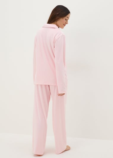 Pink Button Up Piped Fleece Pyjama Set