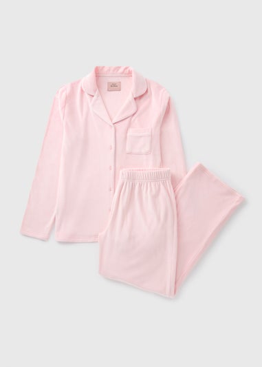 Pink Button Up Piped Fleece Pyjama Set