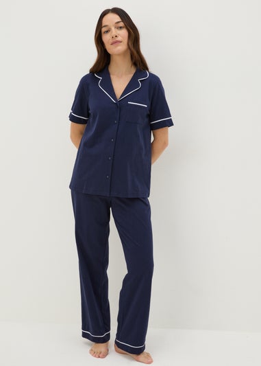 Navy Button Up Pyjama Set