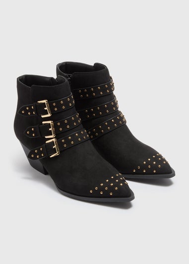 Black Studded Buckle Western Boots