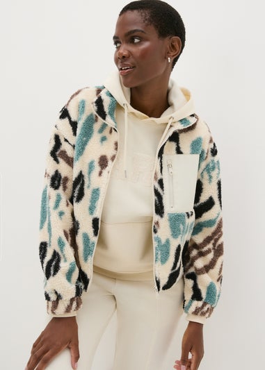 Cream Patterned Borg Zip Jacket