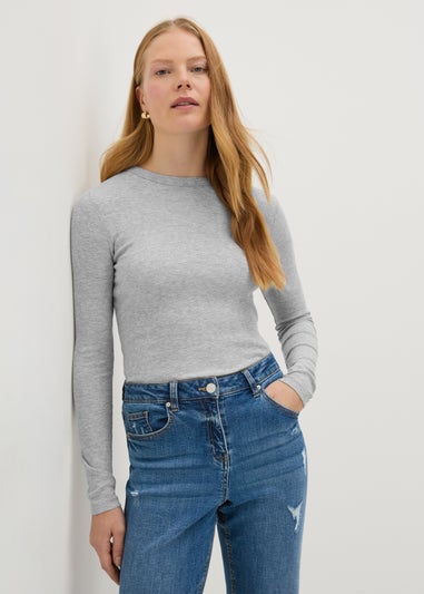 Grey Ribbed Long Sleeve Top